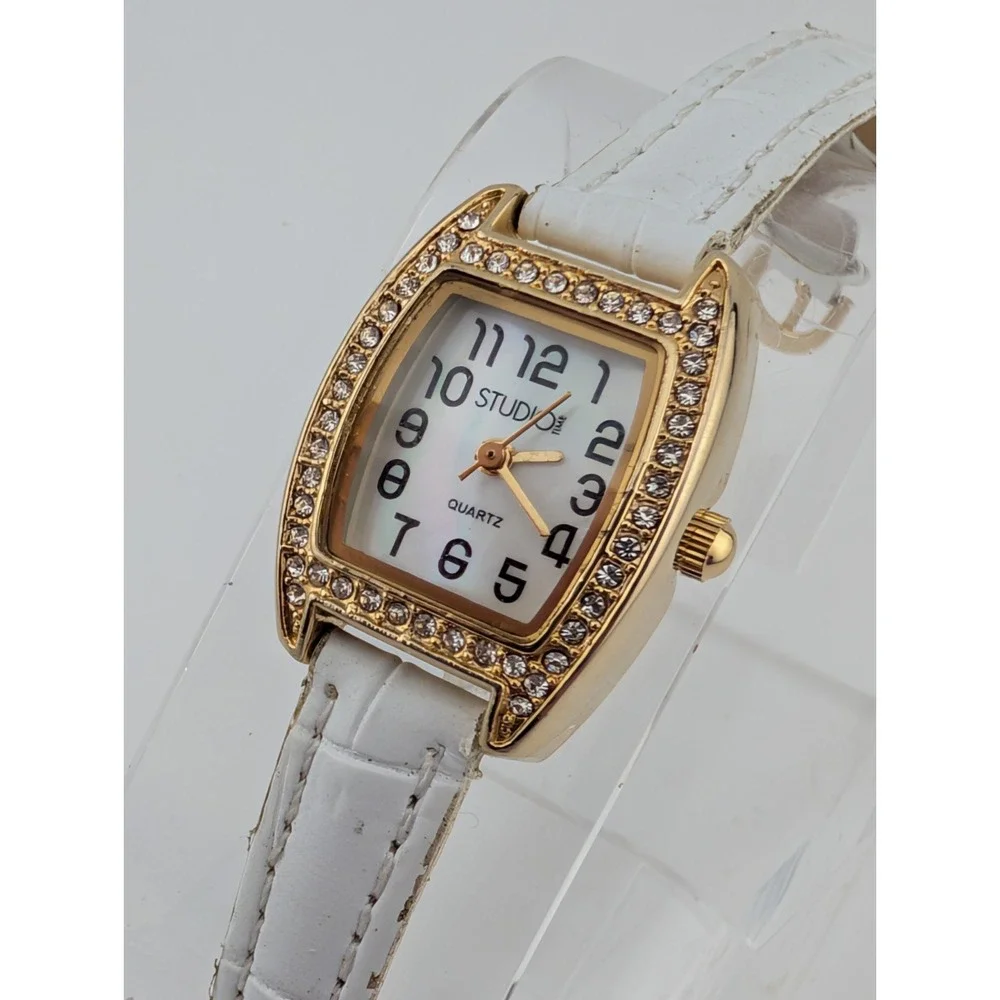 Studio‎ Time Watch Women 21mm Gold Case MOP Dial White Band- New Battery
